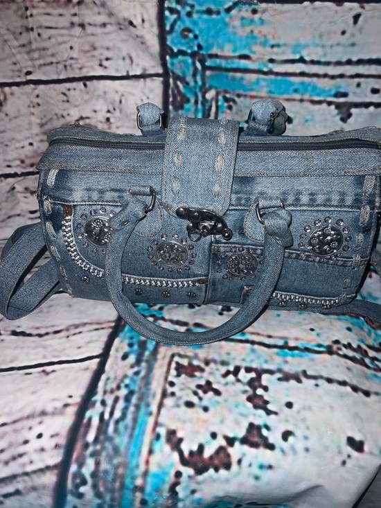 Denim Studded Satchel Handbag - Blue